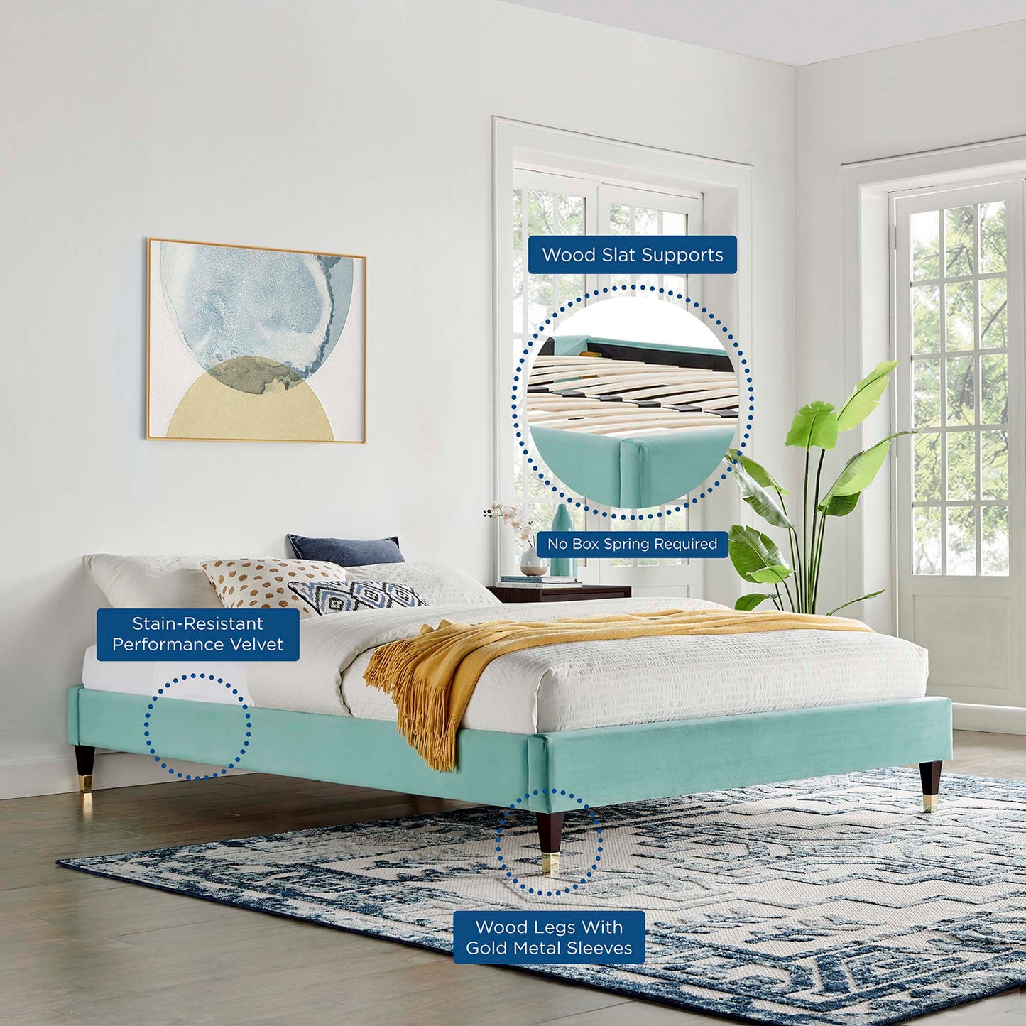 Mint upholstered queen platform bed frame with wood legs in gold sleeves; modern bedroom with wood slat supports and stain-resistant velvet.