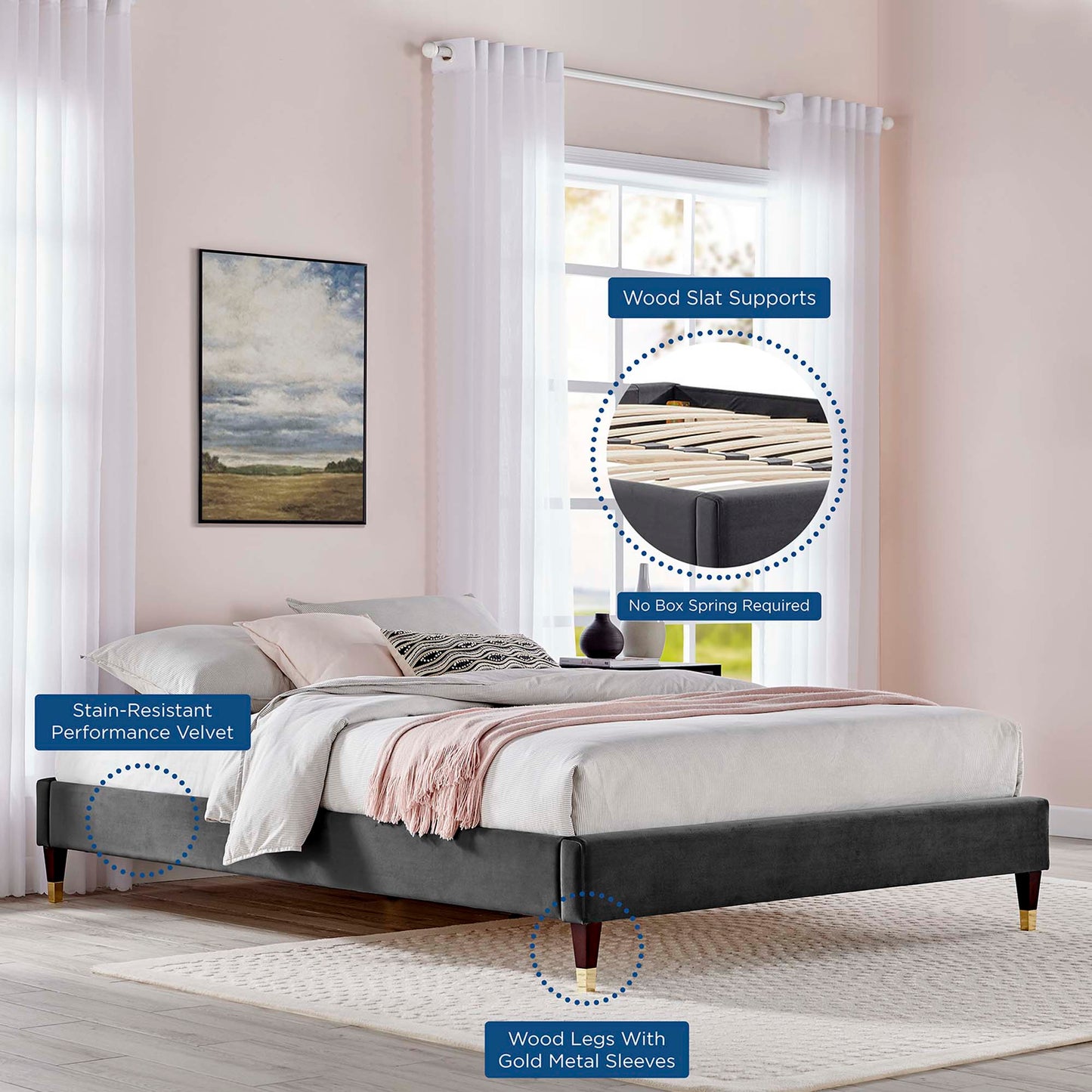 Dark gray velvet platform bed frame with wood legs and gold metal sleeves; wood slat supports; no box spring needed.