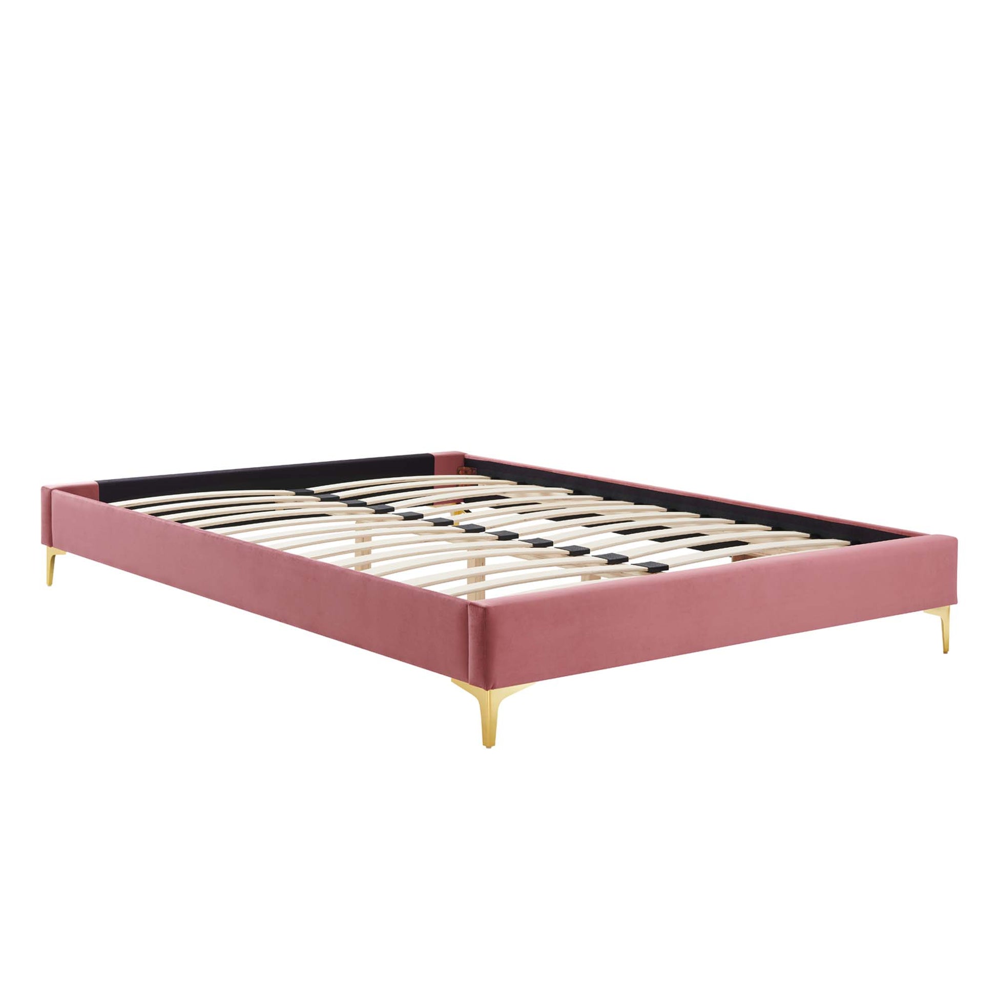 Red velvet queen bed frame with gold tapered legs and natural wood slats; black interior edge.