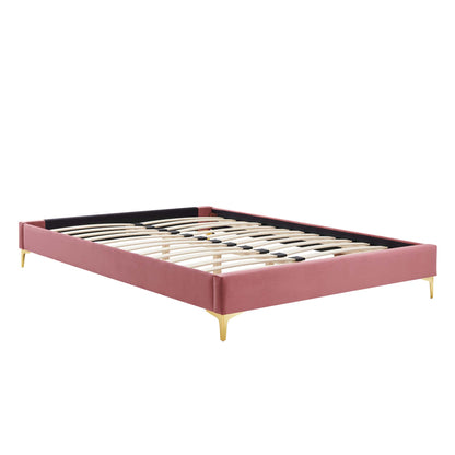 Red velvet queen bed frame with gold tapered legs and natural wood slats; black interior edge.