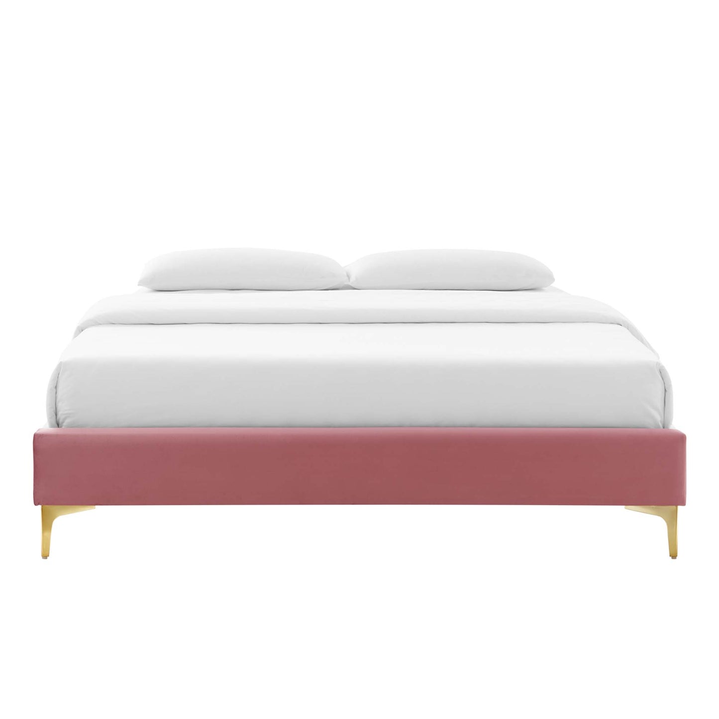 Red velvet upholstered queen bed frame with gold legs and white bedding.
