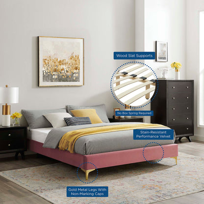 Red velvet queen bed frame with platform base & gold metal legs; wood slat supports; stain-resistant velvet, no box spring needed.