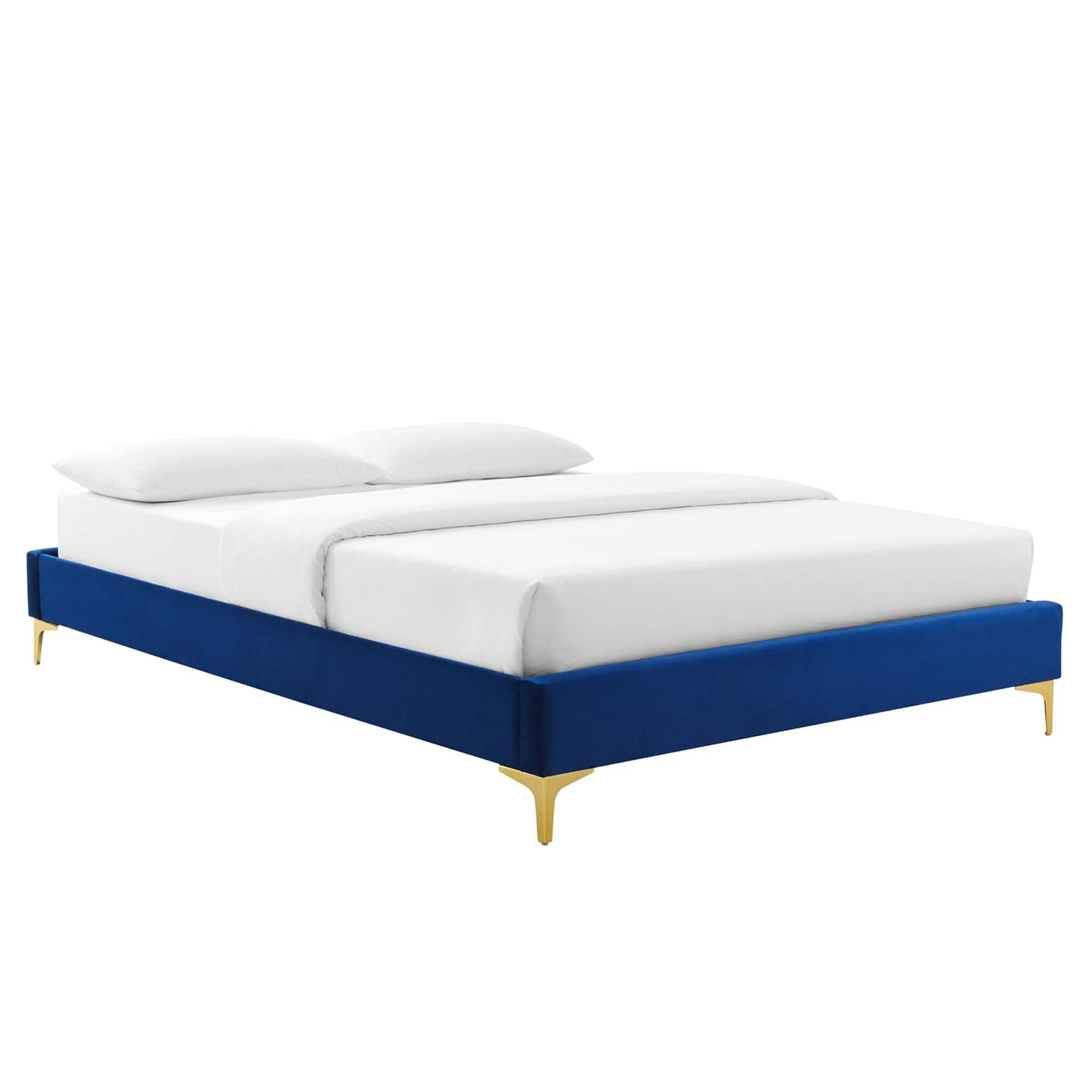 MOD-6275-NAV: navy velvet platform bed with gold legs and white bedding.