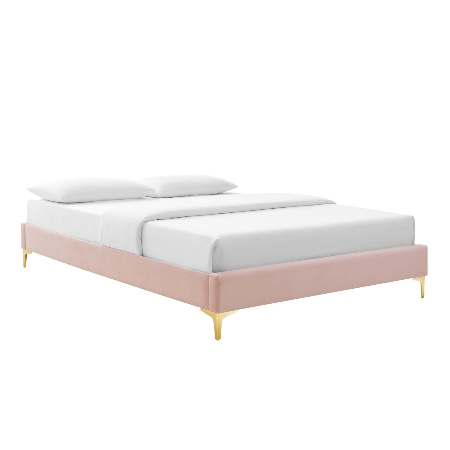 Red velvet upholstered queen bed frame with gold tapered legs and white bedding.