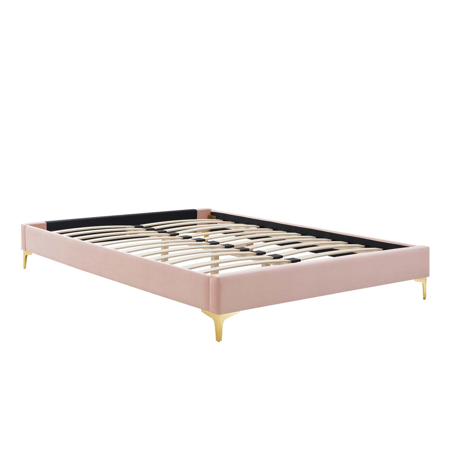 Red velvet queen bed frame with black headboard panel, gold legs, and wood slat foundation.
