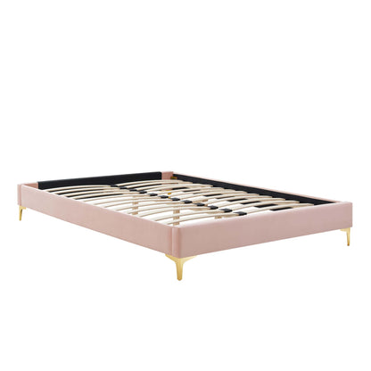 Red velvet queen bed frame with black headboard panel, gold legs, and wood slat foundation.