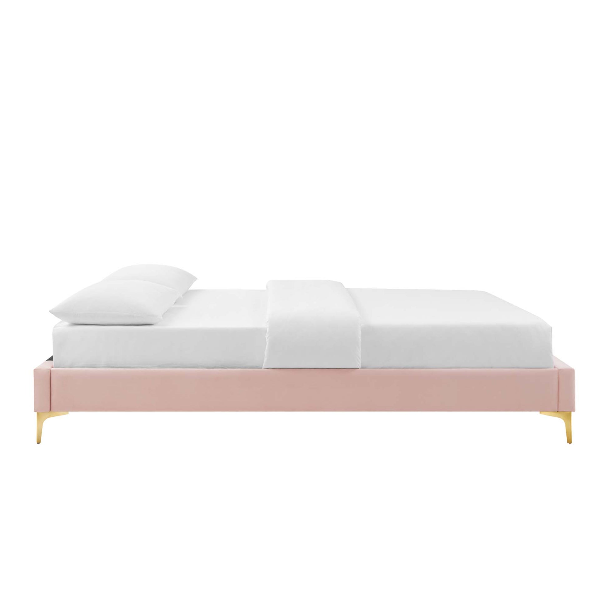 Red platform bed frame with gold legs, white mattress, pillow and blanket, modern minimalist style.