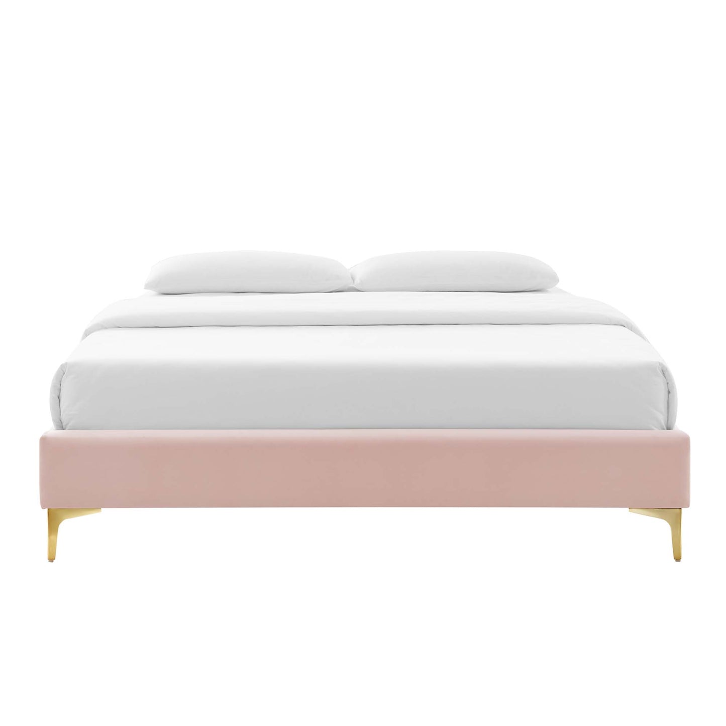 Low-profile red velvet upholstered platform bed frame with white bedding and gold legs.