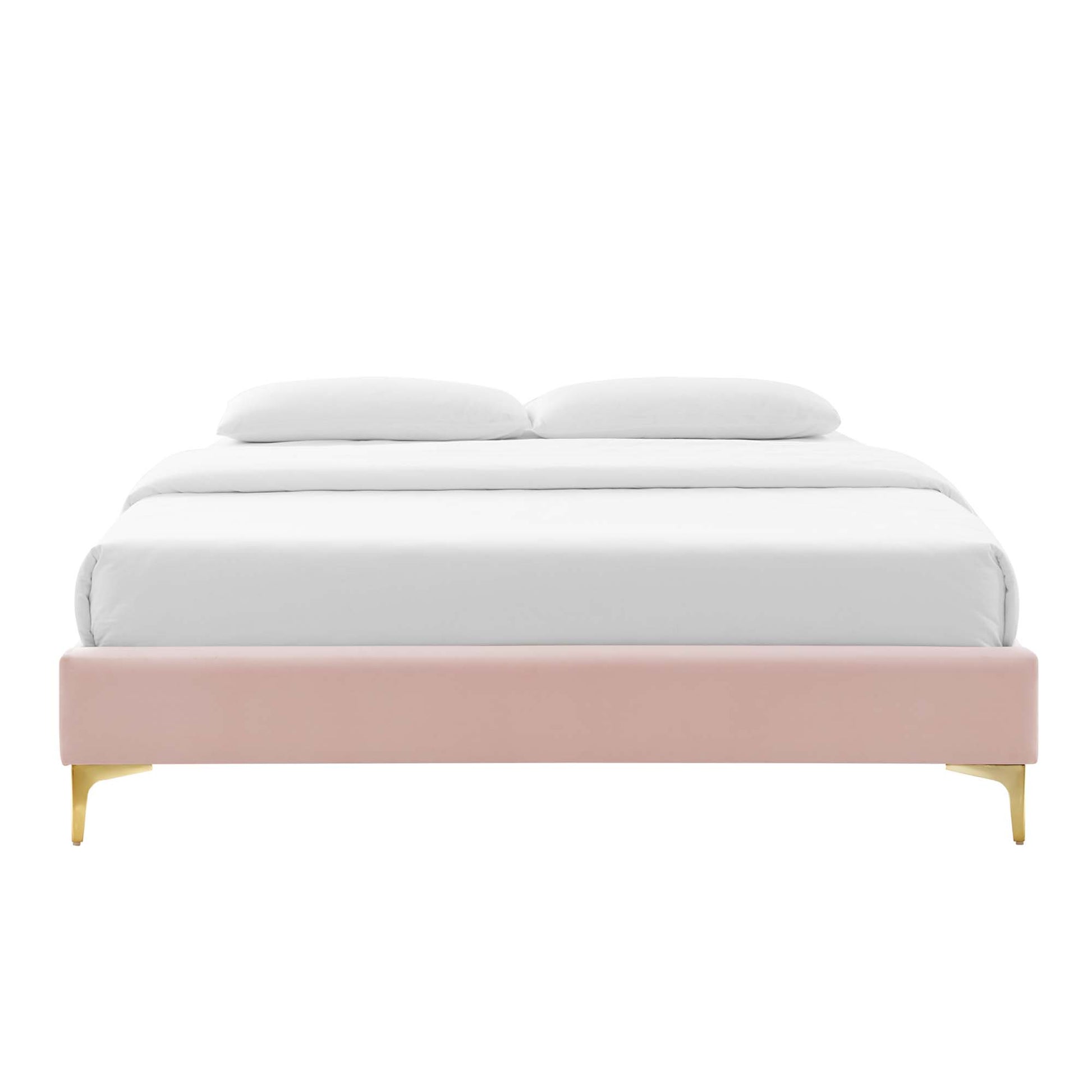 Low-profile red velvet upholstered platform bed frame with white bedding and gold legs.