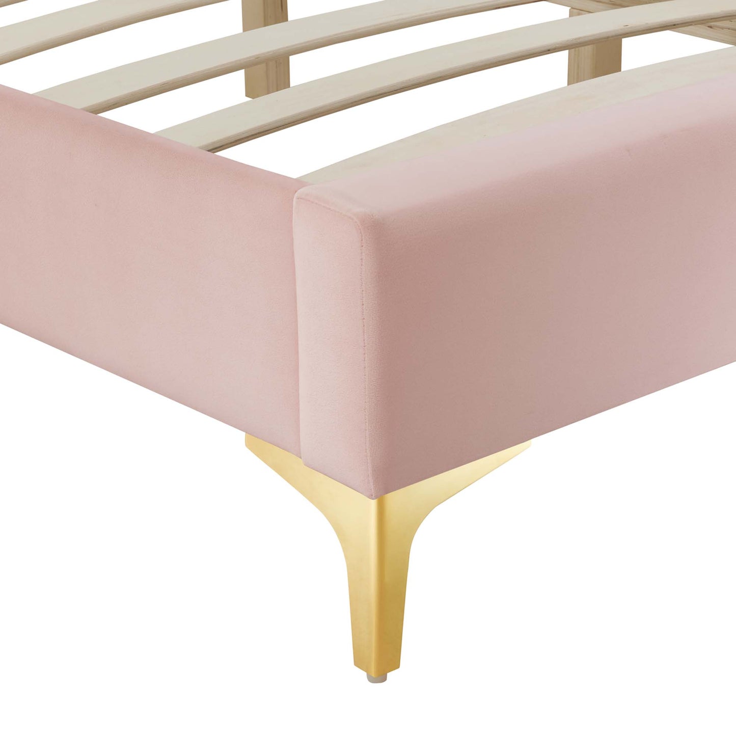 Red velvet upholstered platform bed frame with gold metal legs and slatted support.