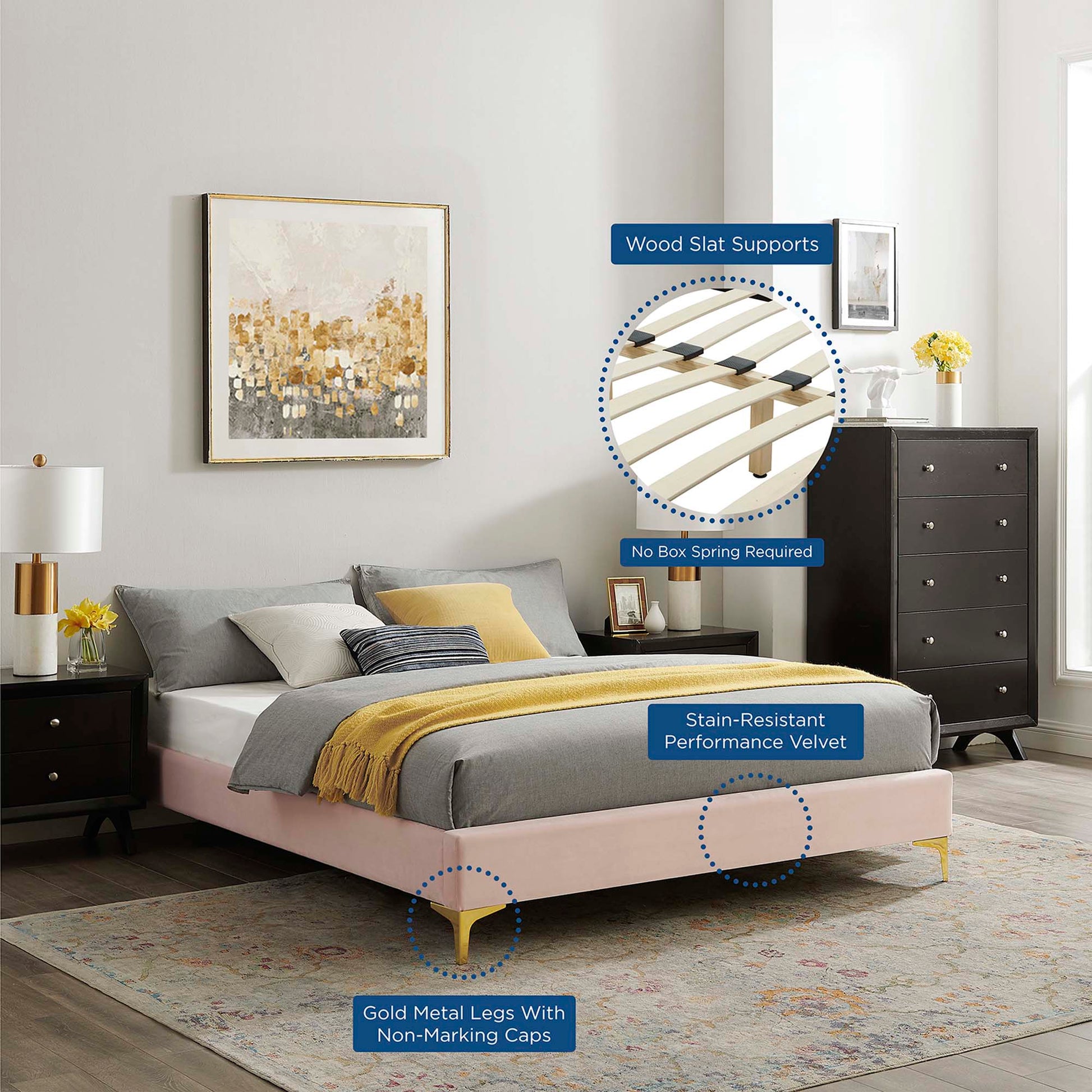 Pink velvet bed frame with gold legs, grey-yellow bedding; wood slat supports, no box spring, stain-resistant velvet.