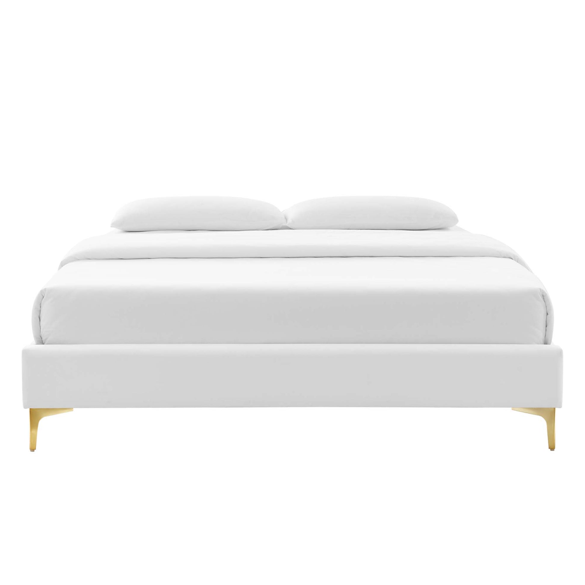 Low-profile white velvet upholstered queen bed frame with gold-tone legs in a modern minimalist style.