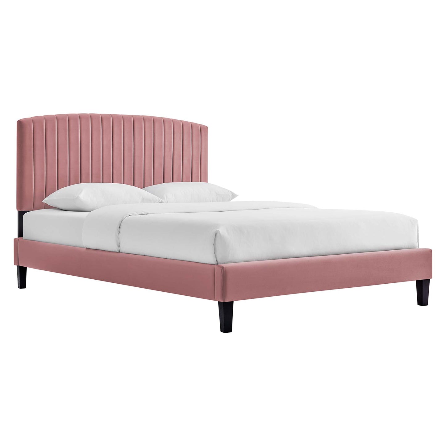 Red velvet upholstered queen platform bed with channel-tufted headboard and black tapered legs, white bedding.