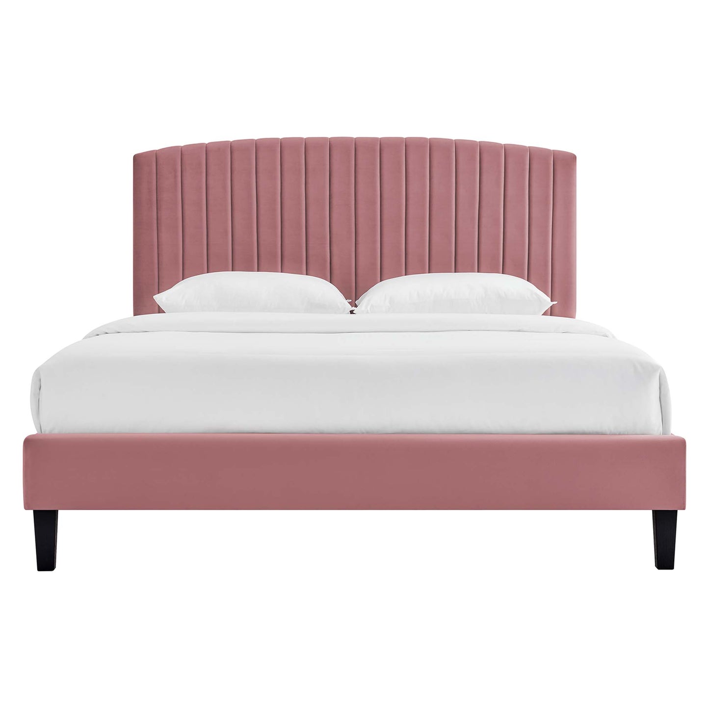 Dusty-rose velvet platform bed with tall vertical-channel tufted headboard and black tapered legs, white bedding.