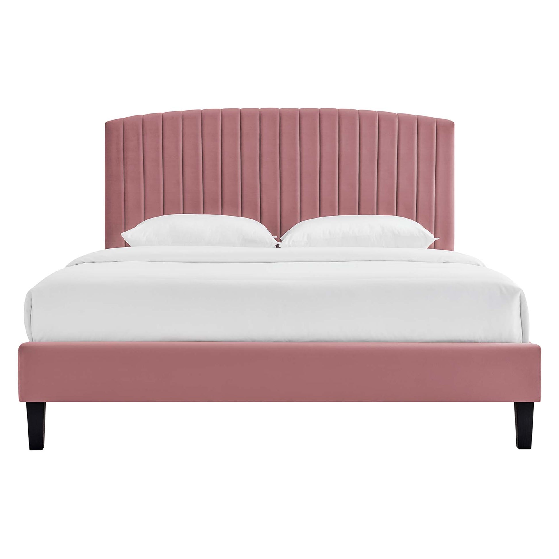 Dusty-rose velvet platform bed with tall vertical-channel tufted headboard and black tapered legs, white bedding.