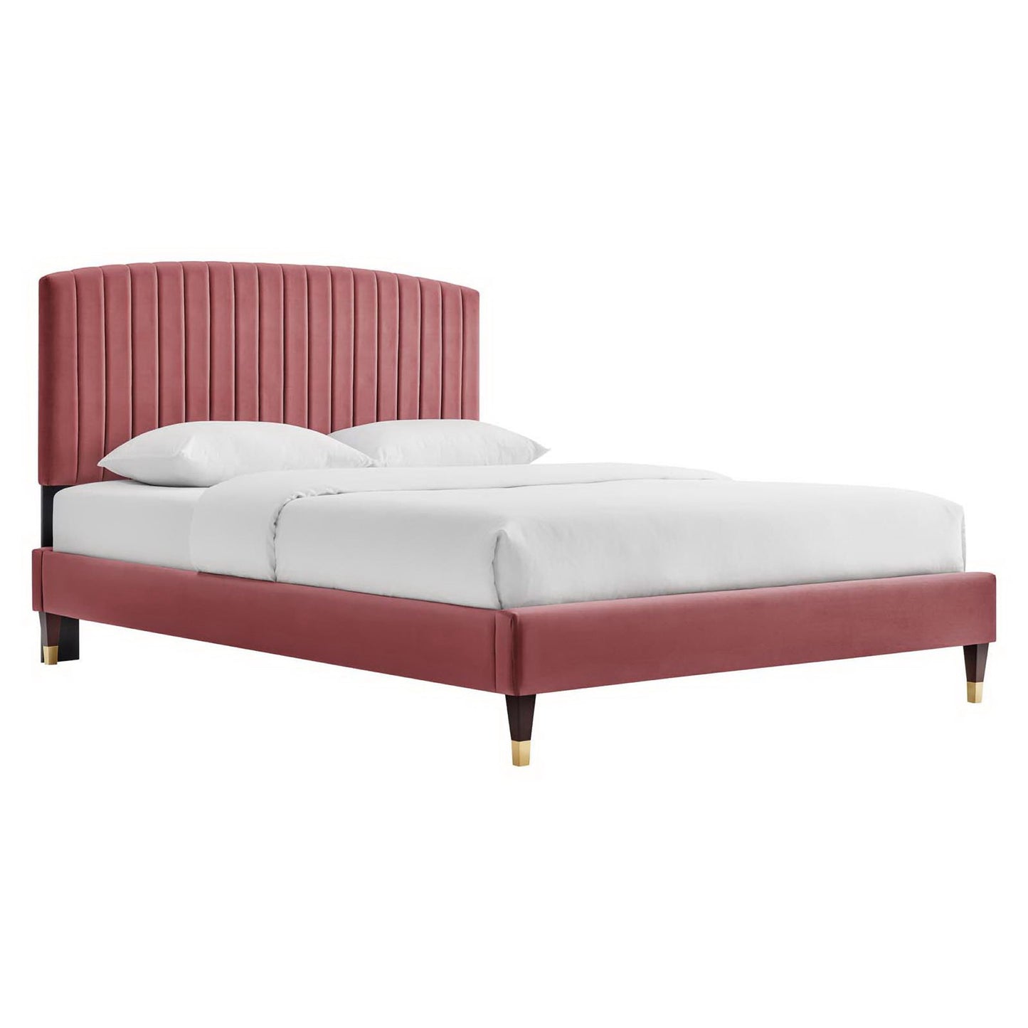 Red velvet platform bed with tall vertical-channel headboard, white bedding, and gold-tipped legs.