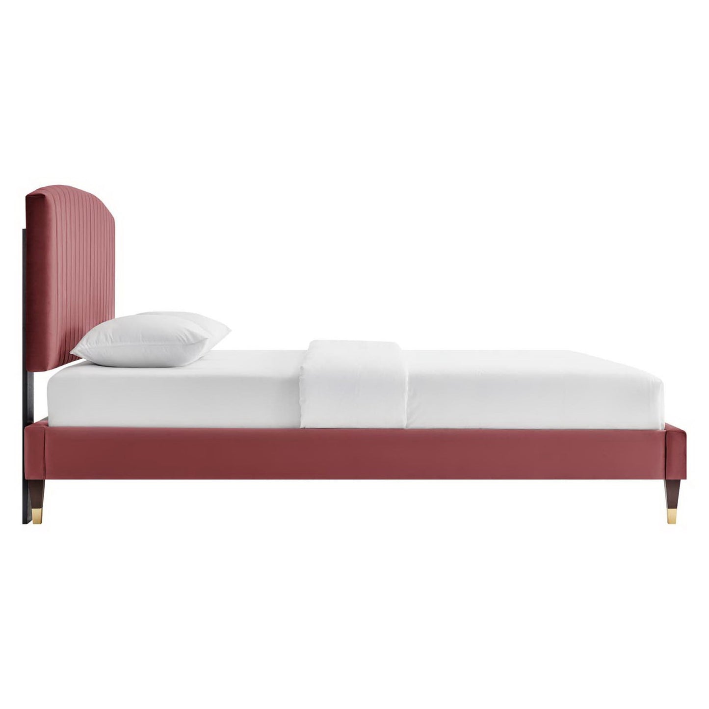 Burgundy upholstered platform bed with a tall curved headboard, low rails, black supports, gold-tipped legs, and white bedding.