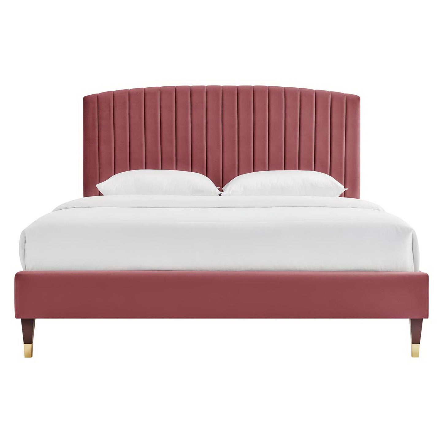 Burgundy upholstered platform bed with a tall vertical channel-tufted headboard, matching footboard, white bedding.