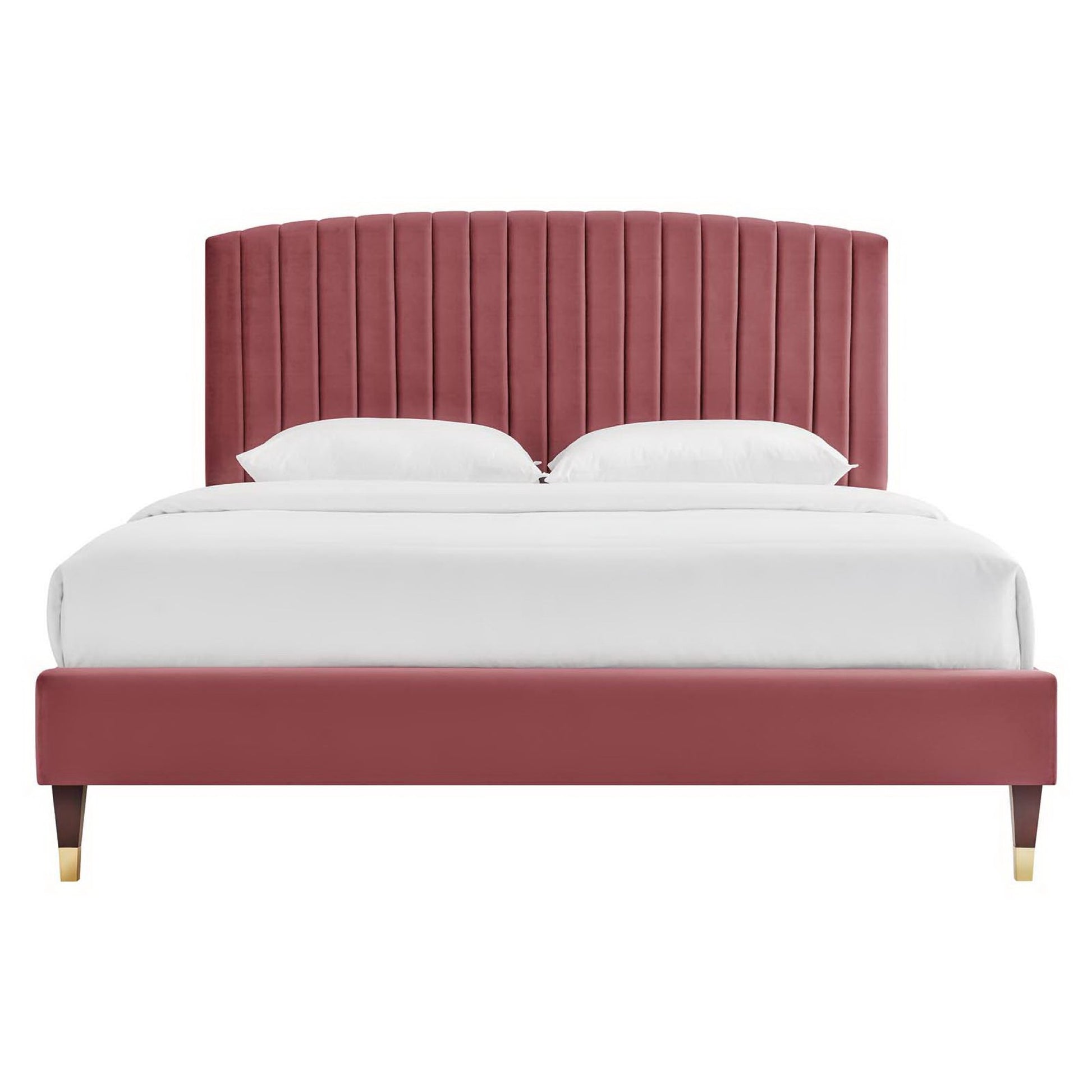 Burgundy upholstered platform bed with a tall vertical channel-tufted headboard, matching footboard, white bedding.