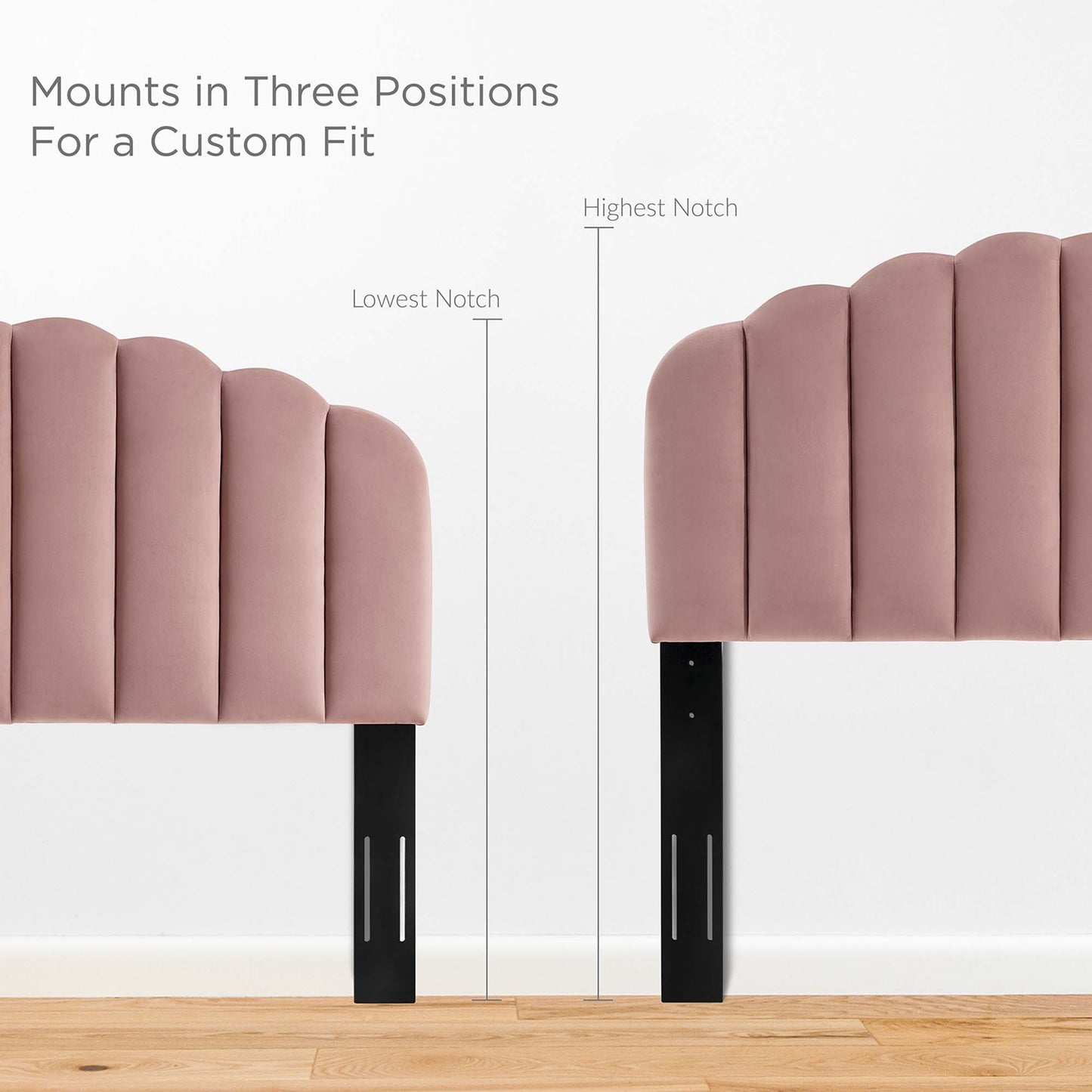 Dusty red tufted velvet headboard panels with black metal mounting rails; mounts in three notch positions for a custom fit on a queen platform bed.