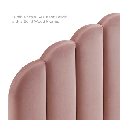 Dusty-rose curved upholstered headboard panels in stain-resistant velvet with a solid wood frame.