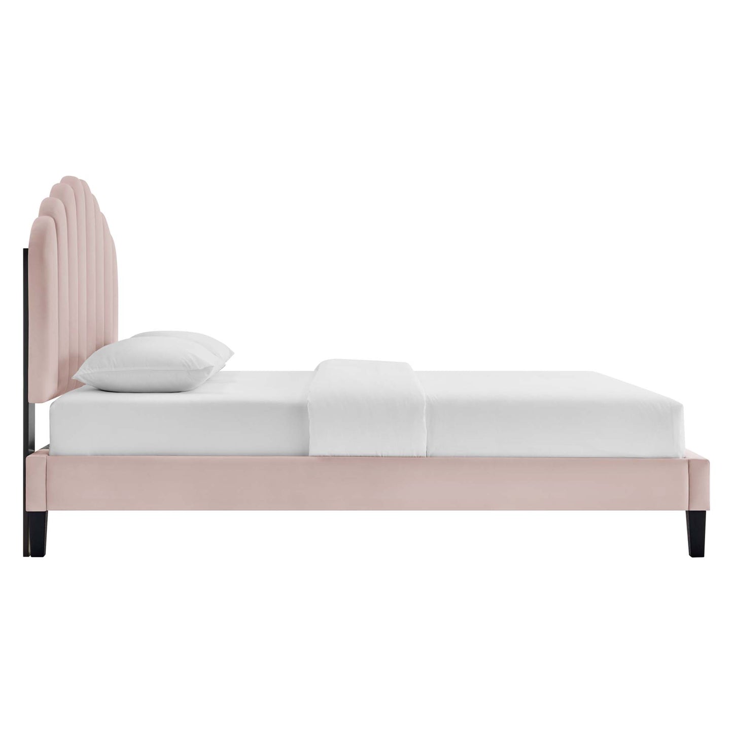 Red velvet queen platform bed with tall ribbed arch headboard, white mattress & pillow, folded white blanket; black legs.