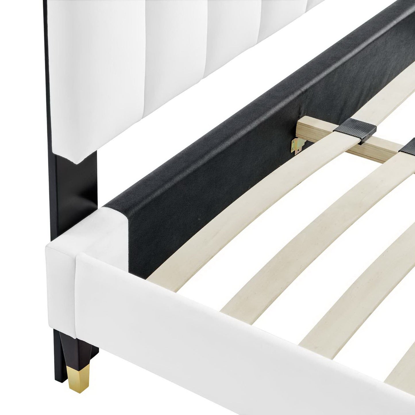 White velvet queen platform bed with an upholstered headboard and a low-profile platform frame.