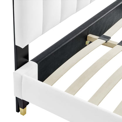 White velvet queen platform bed with an upholstered headboard and a low-profile platform frame.