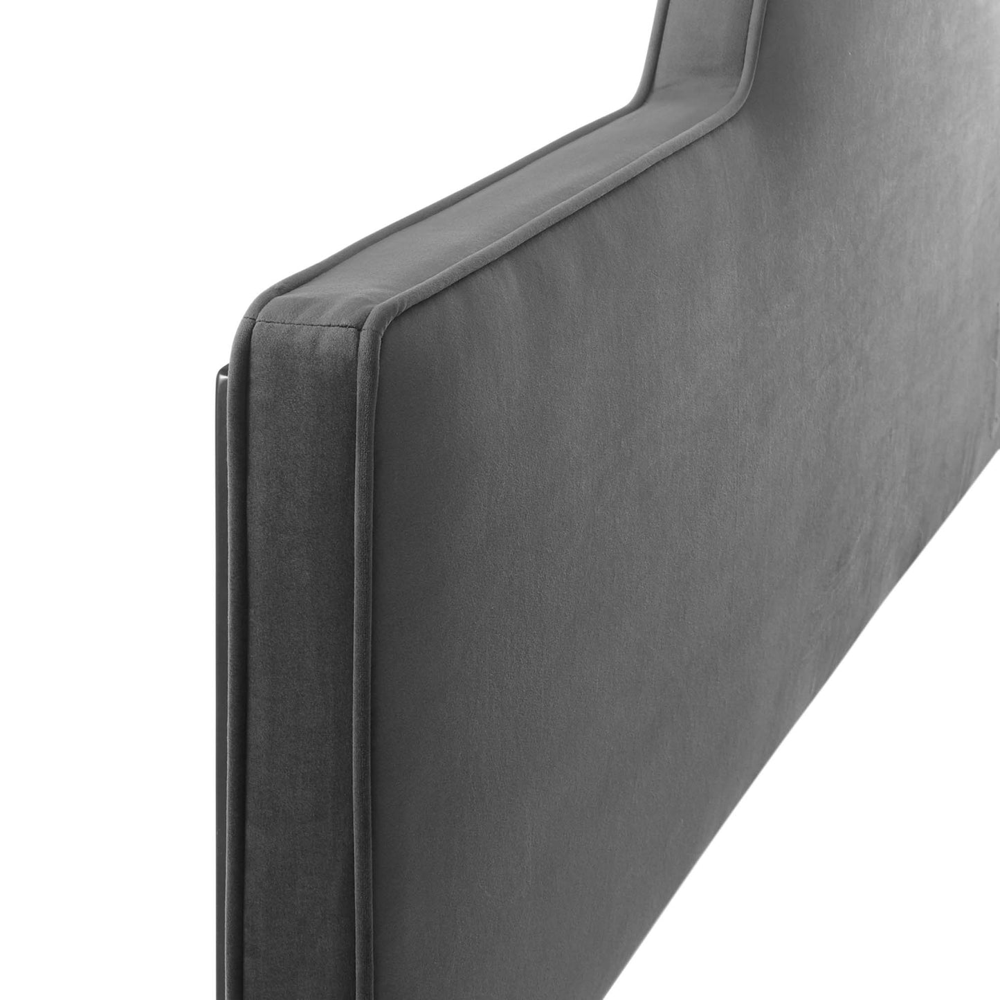 Charcoal velvet-like upholstered twin headboard with squared edges and piping, modern minimalist design.