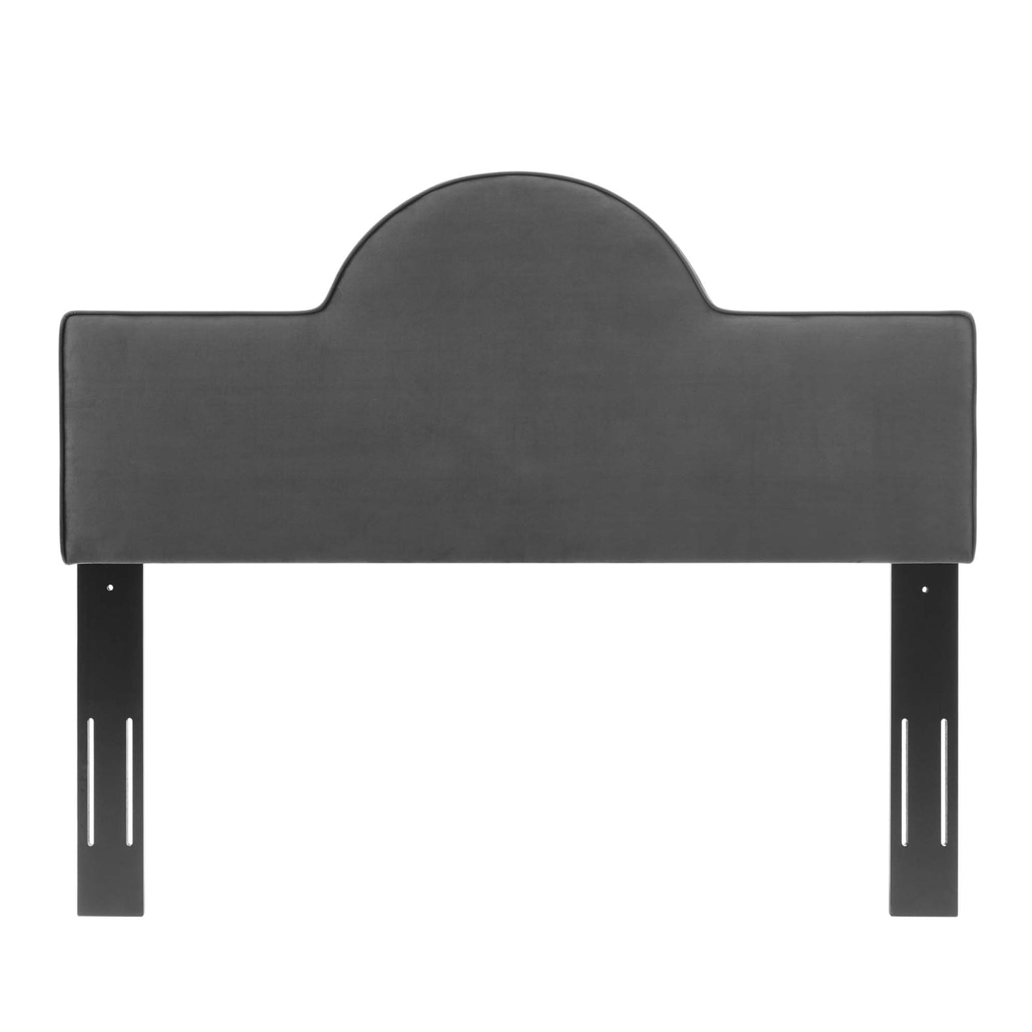 Charcoal gray upholstered headboard with a rounded central arch and black metal mounting legs.