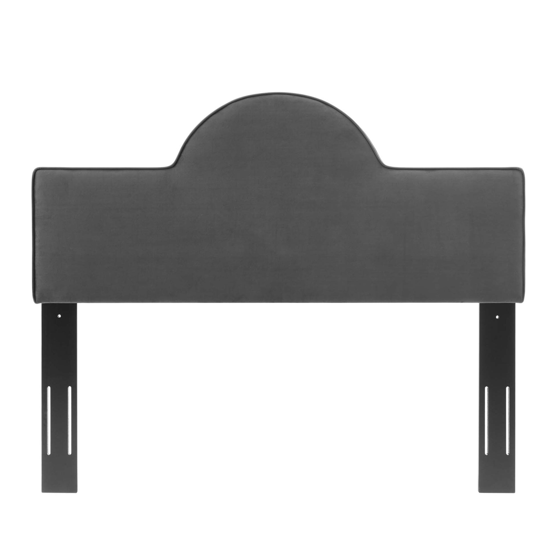 Charcoal gray upholstered headboard with a rounded central arch and black metal mounting legs.
