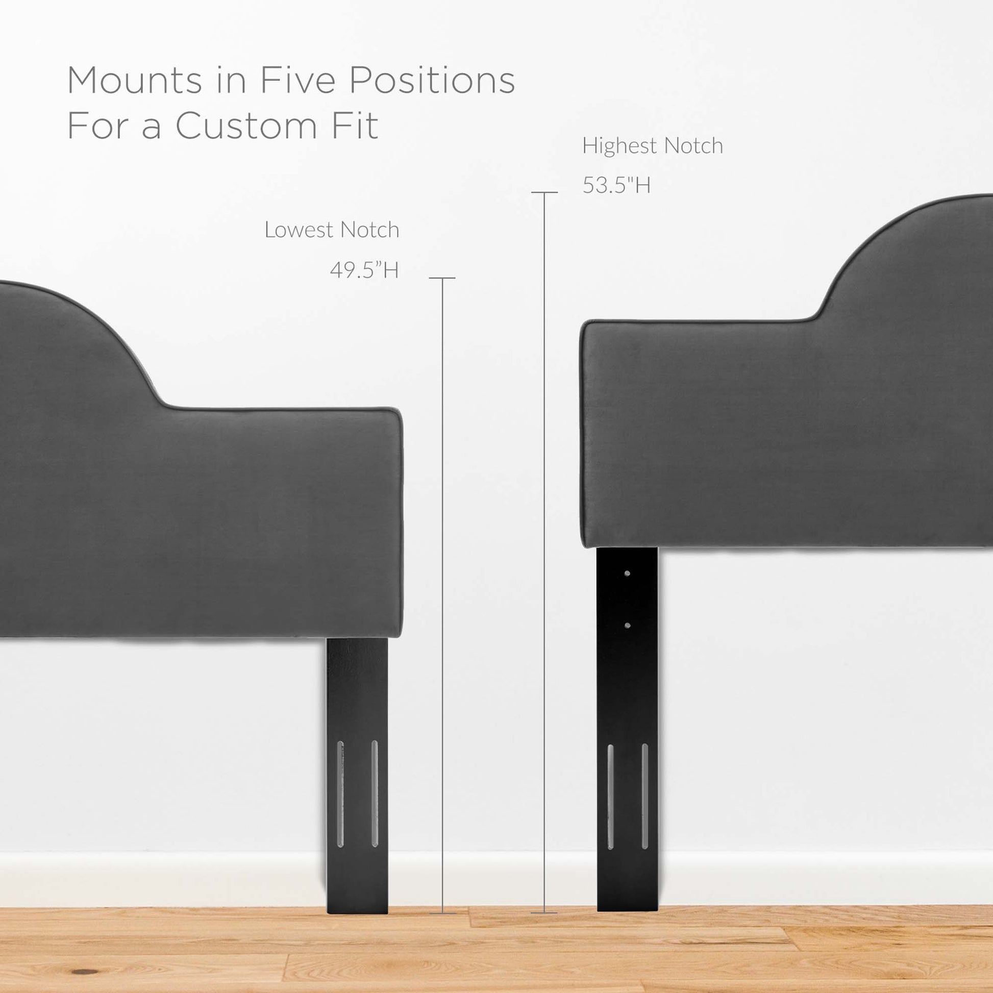 Dark gray upholstered headboard with curved top, black metal brackets with vertical slots; five-position height adjust.