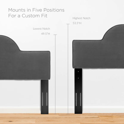 Dark gray upholstered headboard with curved top, black metal brackets with vertical slots; five-position height adjust.