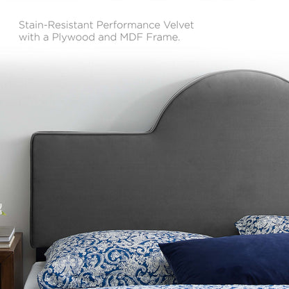Charcoal stain-resistant velvet headboard with curved top and plywood/MDF frame; shown with blue patterned bedding.