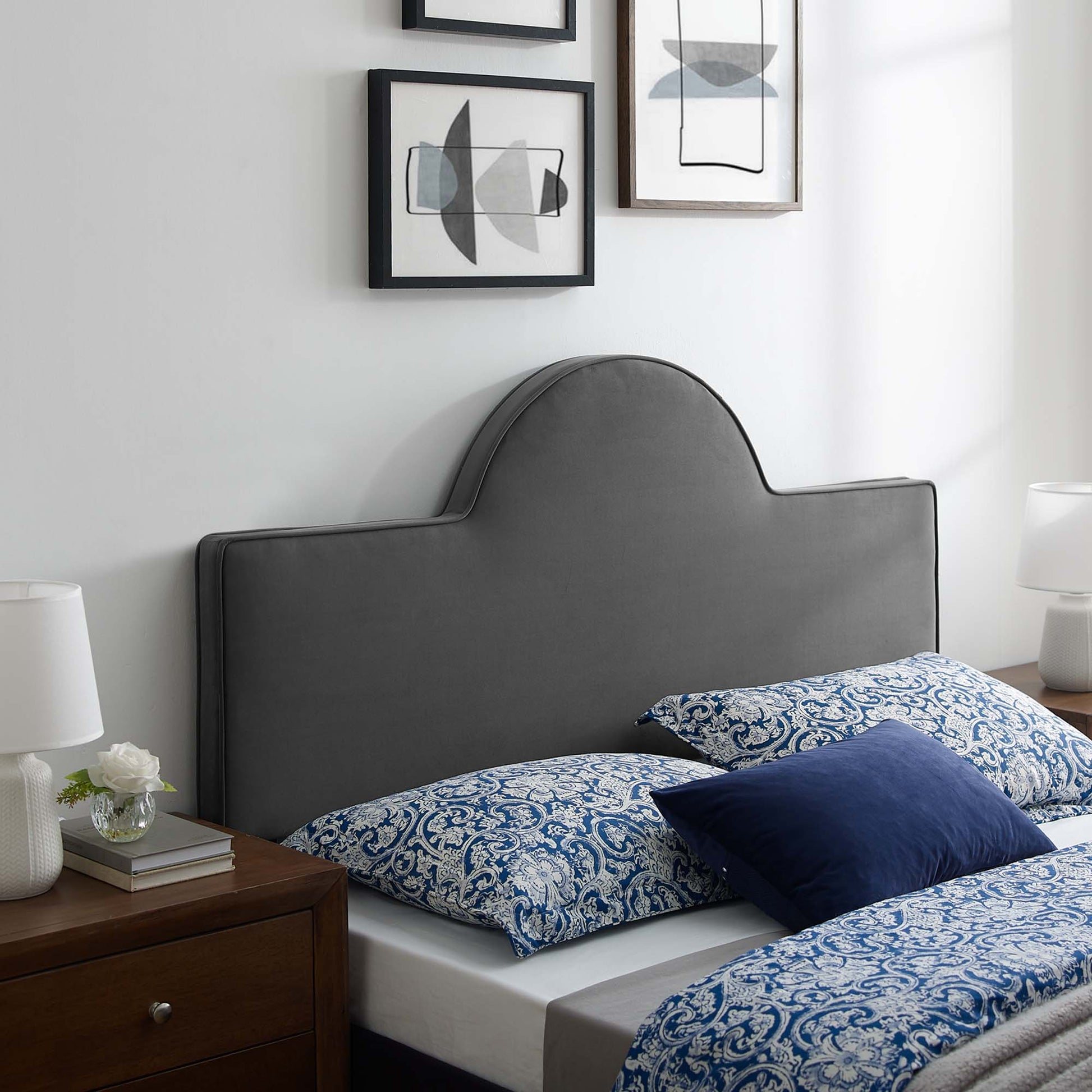Charcoal performance velvet twin headboard, arched and upholstered.
