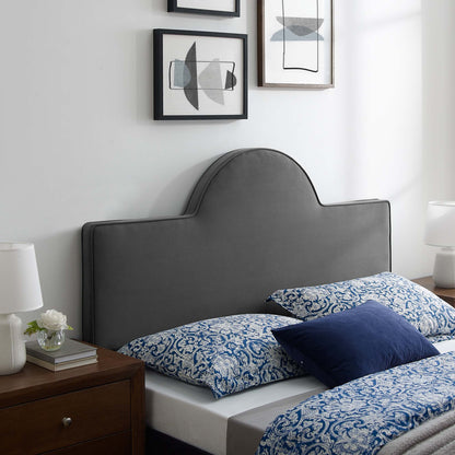 Charcoal performance velvet twin headboard, arched and upholstered.