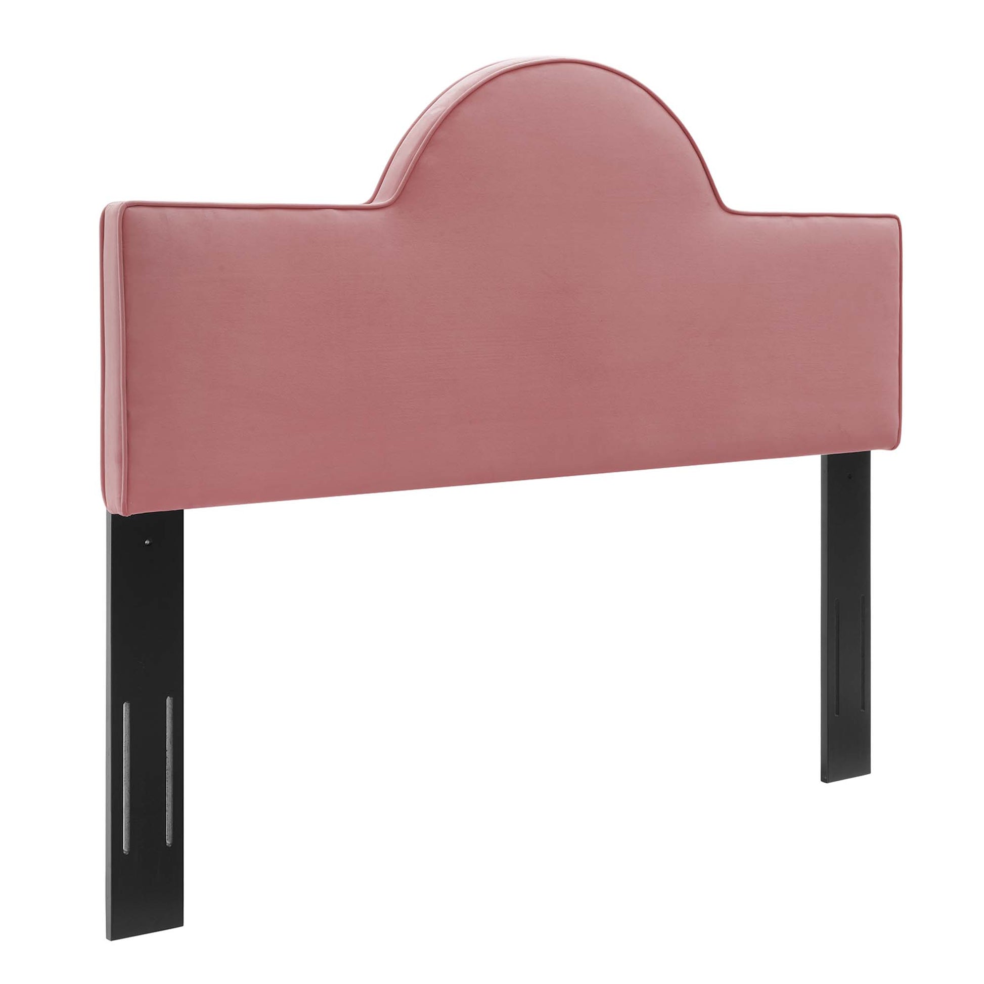 Dusty rose upholstered twin headboard with curved central arch and straight sides.