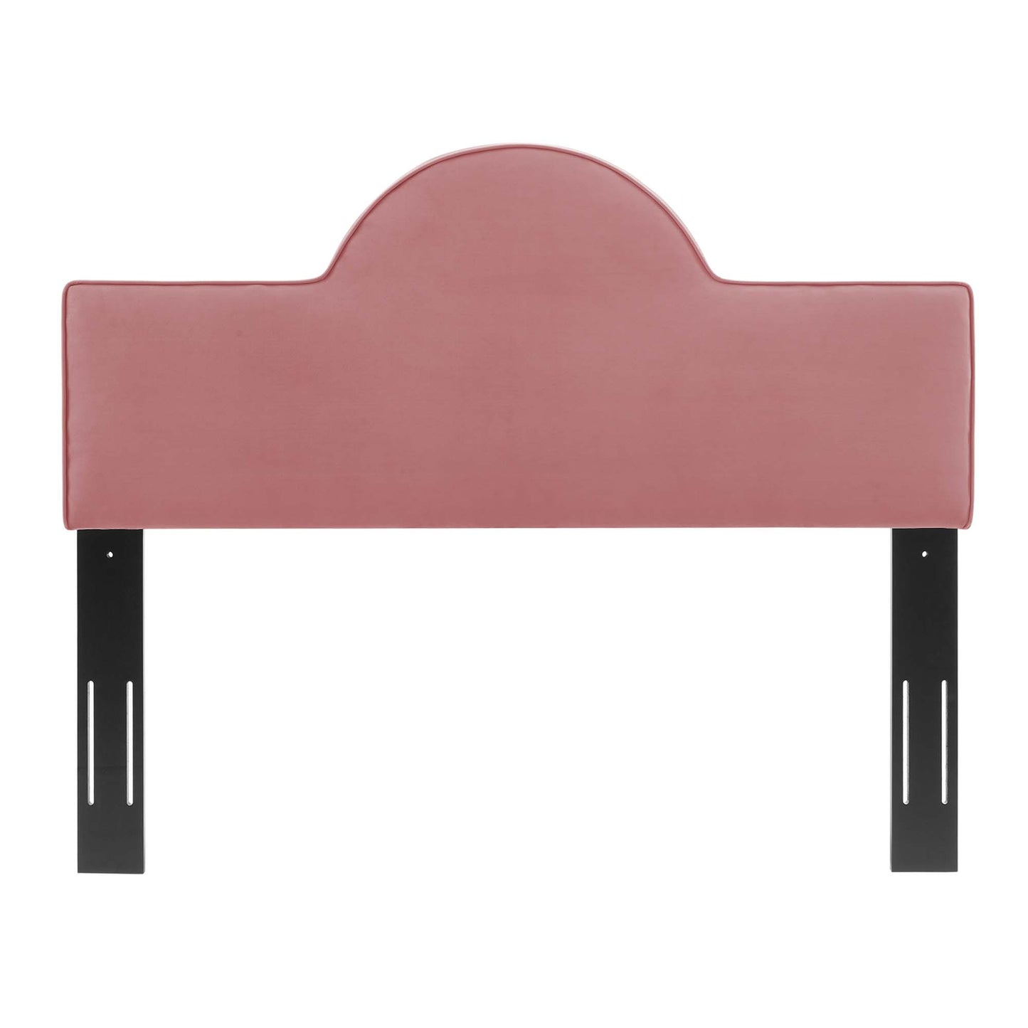 Dusty Rose upholstered headboard with curved central arch & black metal legs, modern bed frame accessory.