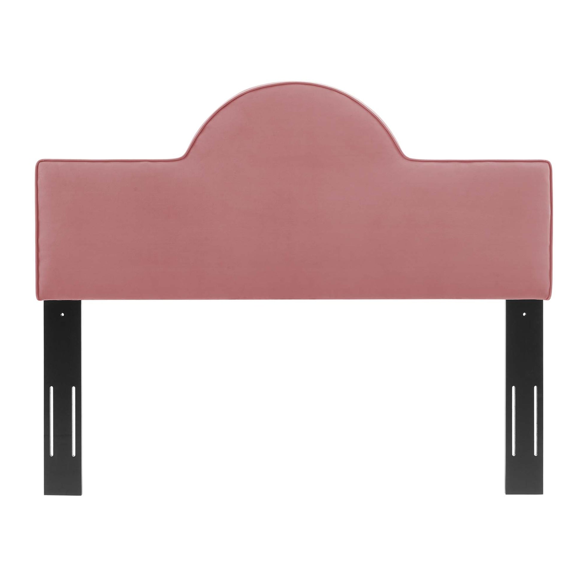 Dusty Rose upholstered headboard with curved central arch & black metal legs, modern bed frame accessory.