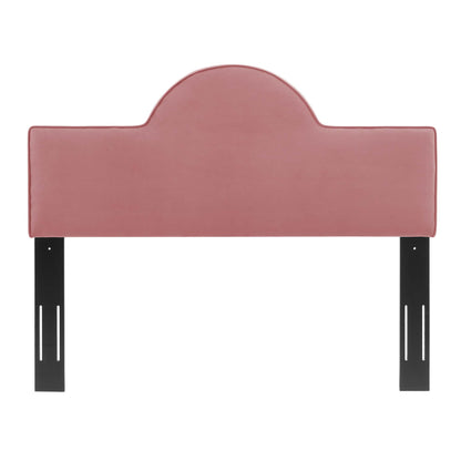 Dusty Rose upholstered headboard with curved central arch & black metal legs, modern bed frame accessory.