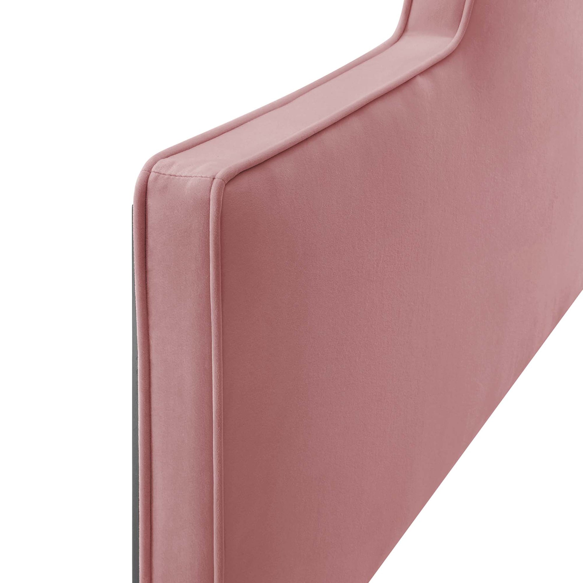 Dusty rose velvet twin headboard with piping and a square-back design for a bedroom.