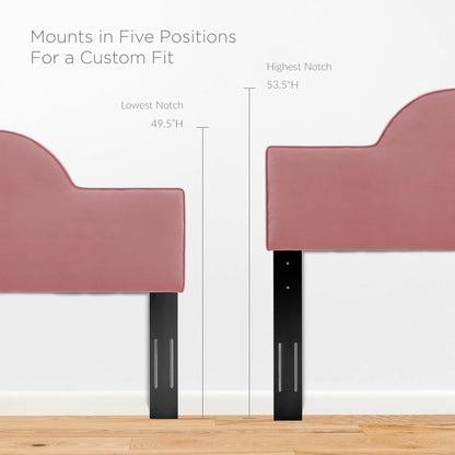 Two dusty rose upholstered headboard panels with curved tops on black adjustable legs; mounts in five positions for a bed fit.