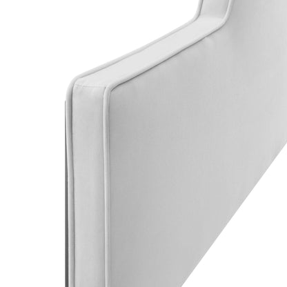Light gray performance velvet twin headboard with crisp piping and a rounded top edge.