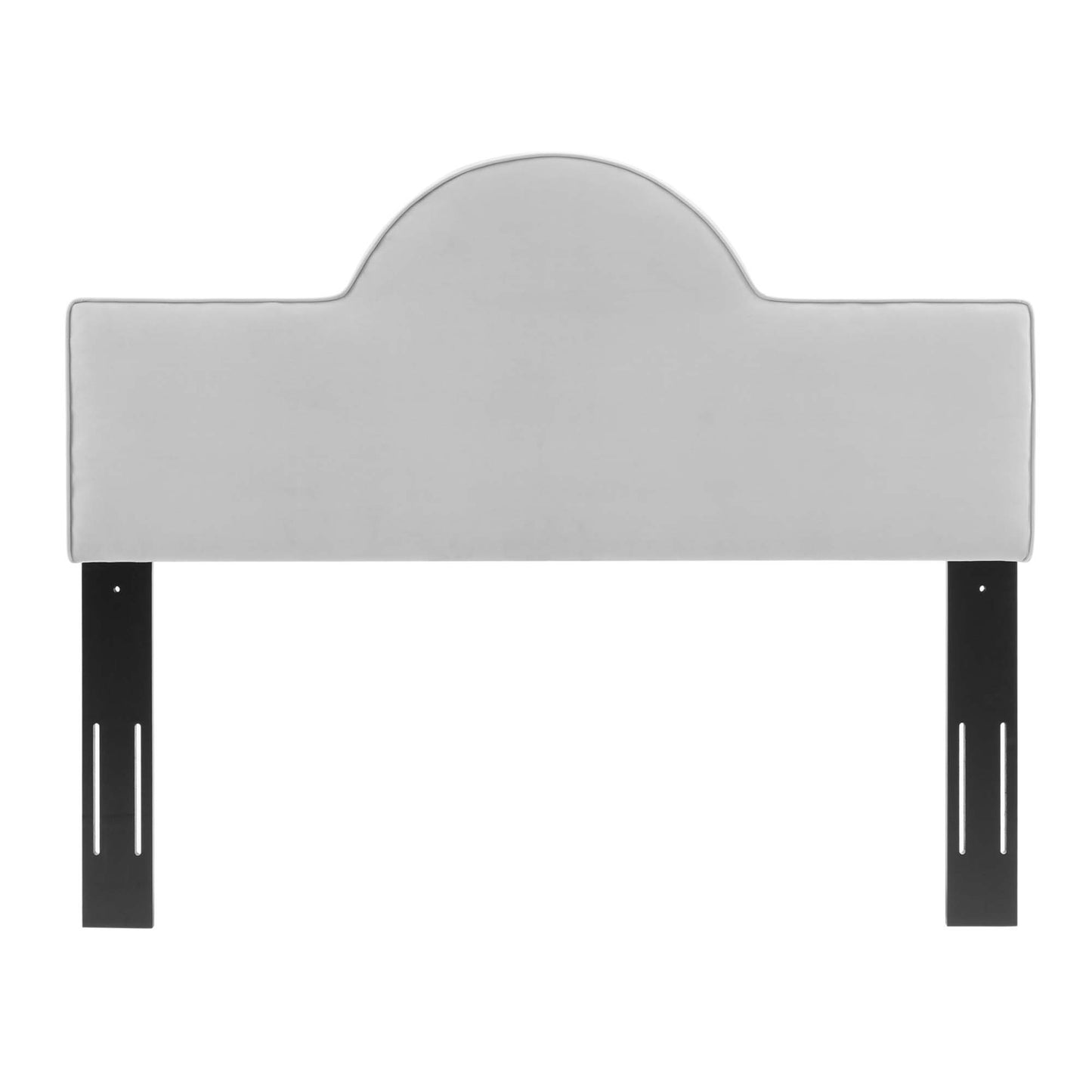 Light gray fabric-covered headboard with a rounded central arch and black slotted metal mounting brackets.