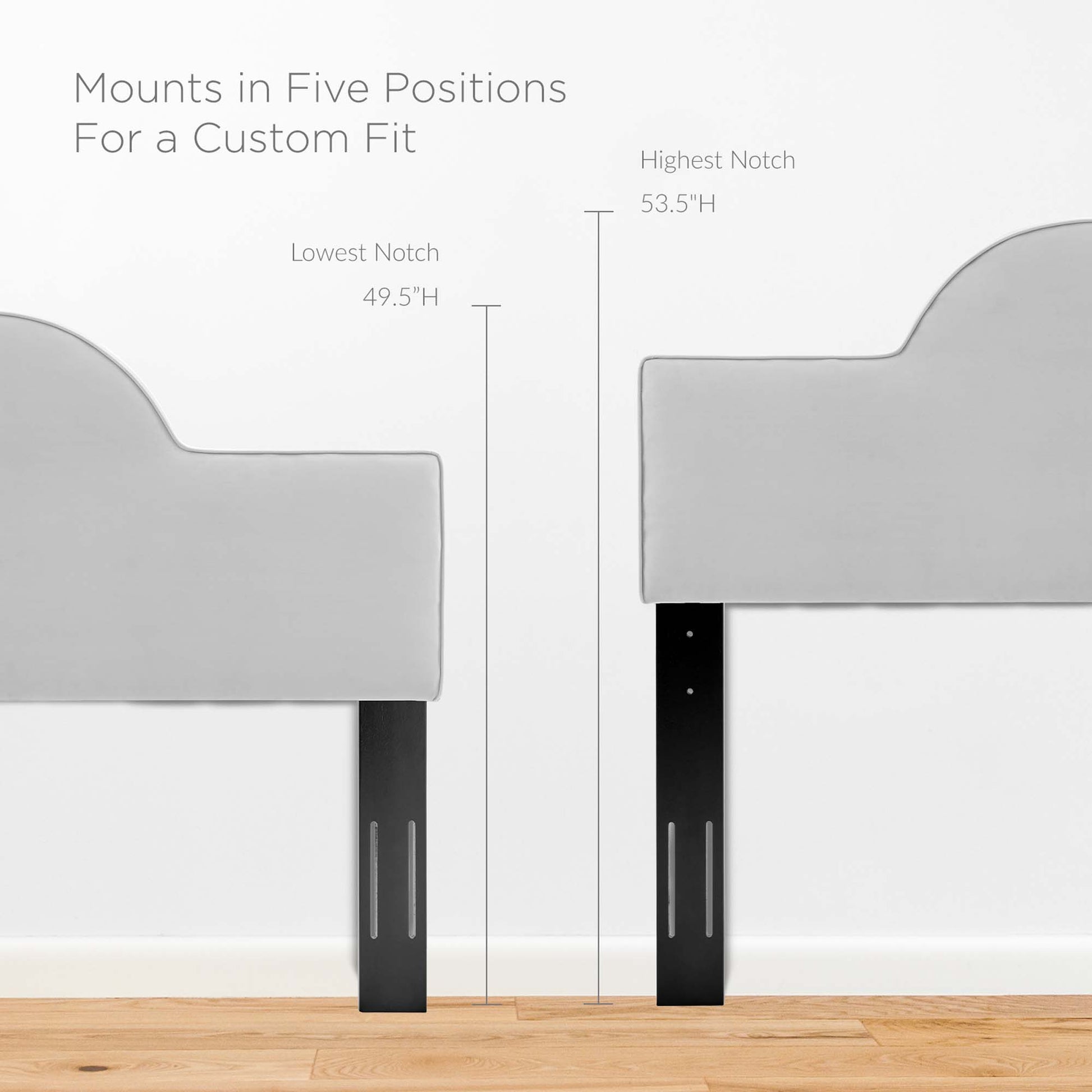 Gray upholstered twin headboard with adjustable black metal legs; five mounting positions, heights 49.5 to 53.5 inches.