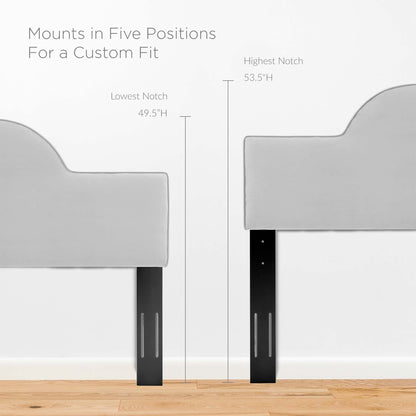 Gray upholstered twin headboard with adjustable black metal legs; five mounting positions, heights 49.5 to 53.5 inches.