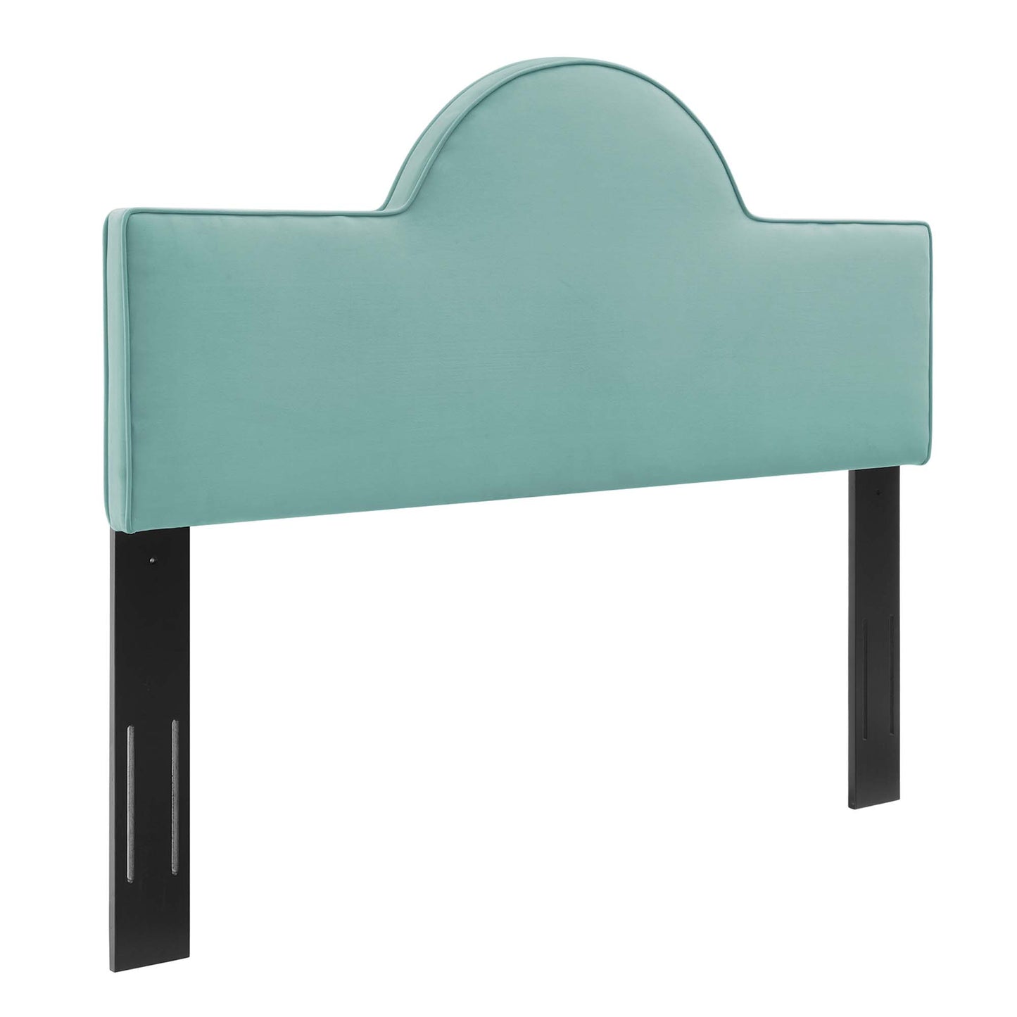 Mint upholstered twin headboard with black metal legs and a rounded cloud-shaped top.