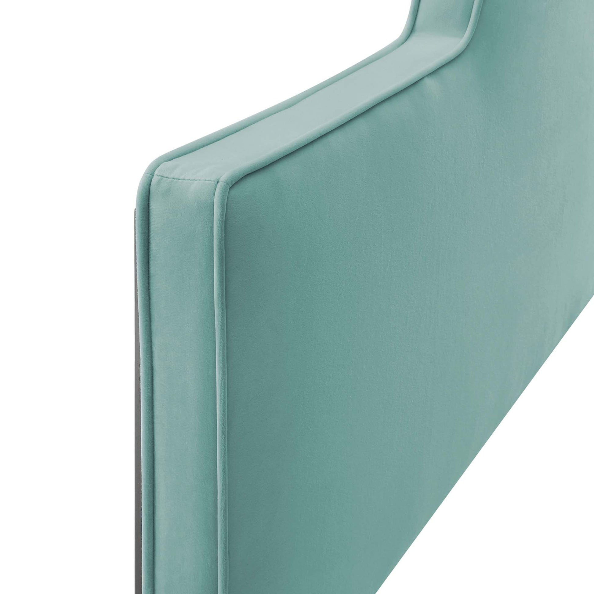 Teal velvet twin headboard with squared edges & double piping.