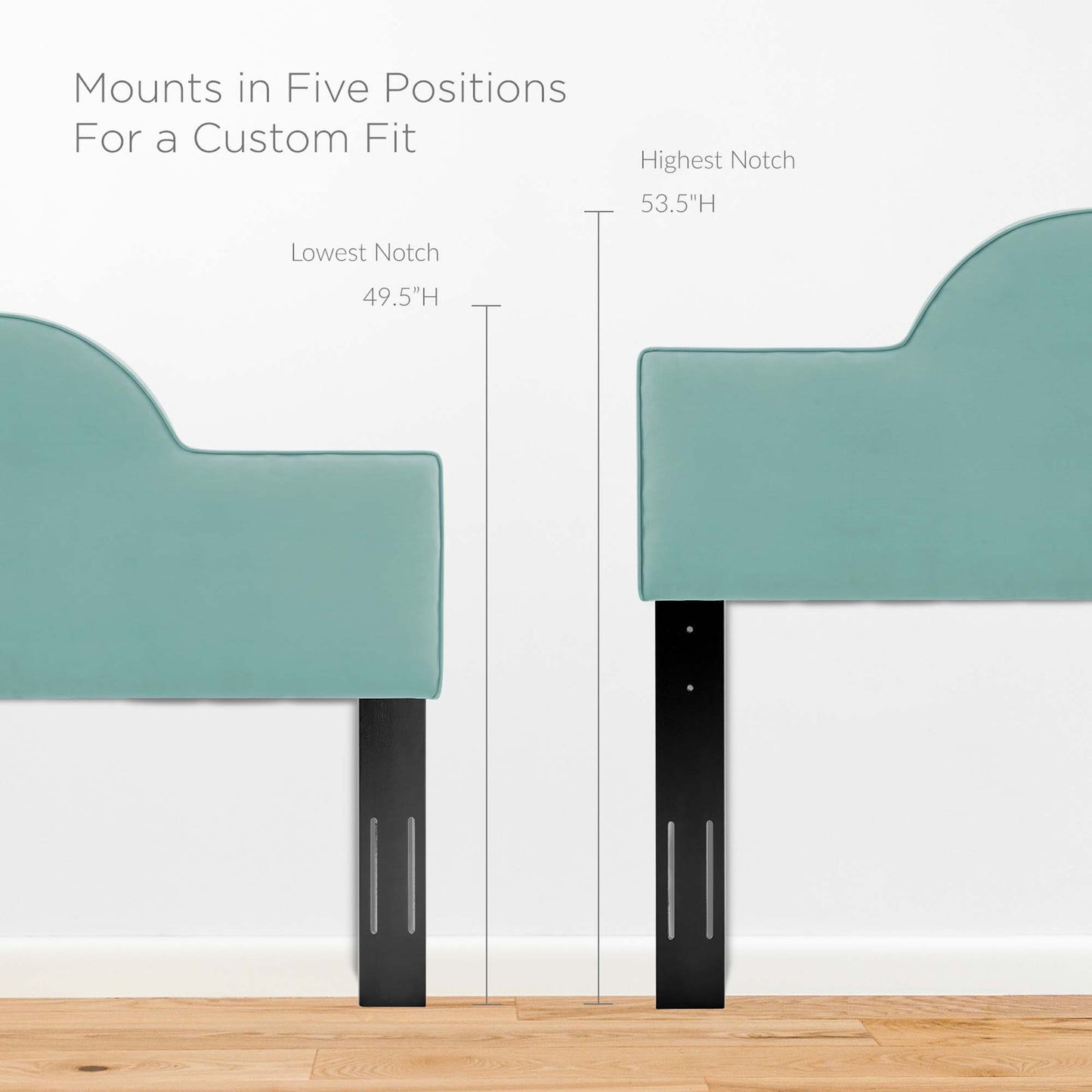 Mint velvet twin headboard with scalloped top on black adjustable legs; height 49.5–53.5 inches.