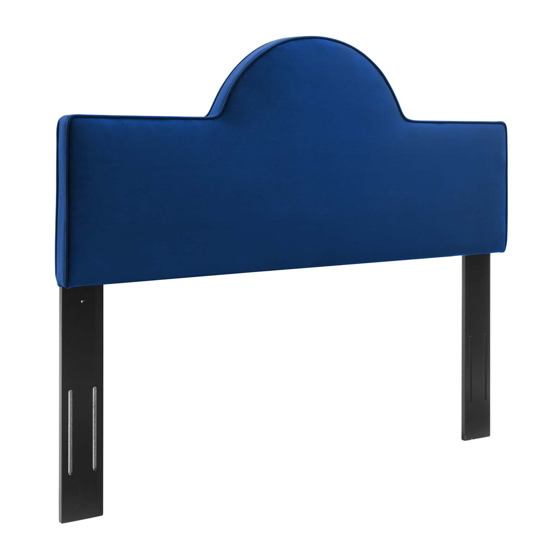 Navy blue velvet upholstered headboard with curved central arch and black metal legs.